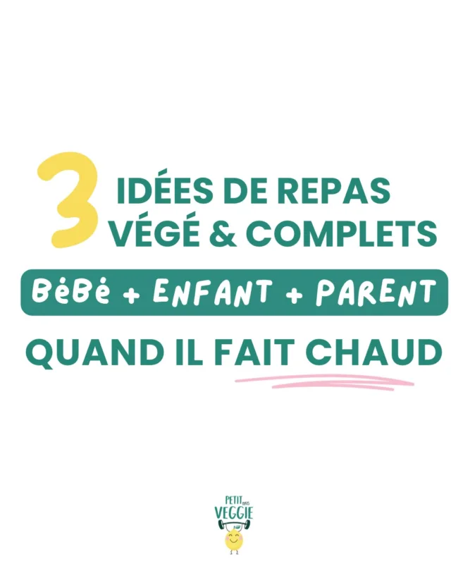 Un plat végé, avec pas ou peu de cuisson, adapté à toute la famille ! 🧑‍🧑‍🧒‍🧒Je vous montre une façon d’adapter 3 repas avec pas ou peu de cuisson, vu qu’on a pas envie de continuer à cuire à l’intérieur, du point de vue des besoins nutritionnels et des textures pour les bébés pendant la diversification, et pour les jeunes enfants qui préfèrent manger les aliments séparés ou qui n’ont pas encore les compétences pour les consommer certaines recettes facilement.
C’est ce qu’on fait / a fait chez nous, mais on adapte bien sur aux compétences et envies des enfants (et des parents !)Wraps
On adore les wraps ici, c’est facile, on met un peu ce qu’on veut dedans, du coup on les rend super sain et équilibrés et c’est super bon !Par contre c’est pas toujours facile à manger même pour les adultes 🙈 (team qui en met beaucoup trop dans le burrito 😅)👶Pour un bébé on peut proposer la purée de haricots rouges, faire un guacamole lisse avec l’avocat, le citron et les tomates et donner le yaourt nature. On peut aussi proposer l’avocat avec qlq gouttes de citron en morceaux.🧒Pour un jeune enfant, on rajoute des galettes de blé ou de maïs et une sauce à base de cajou pour les calories et le zinc, on peut présenter l’avocat citronné et les tomates en morceaux et le yaourt nature.
Les wraps peuvent être découpés pour permettre au kid de les tremper facilement dans la purée de haricots et la sauce cajou 😉👫Pour les grands, on met tout ça dans un wrap et on déguste !Salade de lentilles👶Pour un bébé on doit faire cuire les lentilles, une dizaines de minutes à la vapeur et les réduire en purée. On y met le ¼ de poivron en même temps ( c’est le moment de sortir de Baby cook pour réduire la chaleur dans la cuisine !) On ajoute un peu de purée de noisette sur un transporteur ou à la cuillère (elle est généralement très liquide, ce qui réduit grandement les risques d’étouffement).🧒Pour un jeune enfant, on peut aussi lui servir en purée mais il peut très bien digérer les lentilles corail peu cuites (2 min de cuisson) en salade, avec la vinaigrette balsamique et les raisins secs qui donnent ce côté sucré qu’il va sûrement aimer et on peut aussi mettre le persil